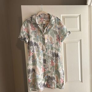 C&C California Cream Linen Shirt Dress with Green & Coral Botanical Print